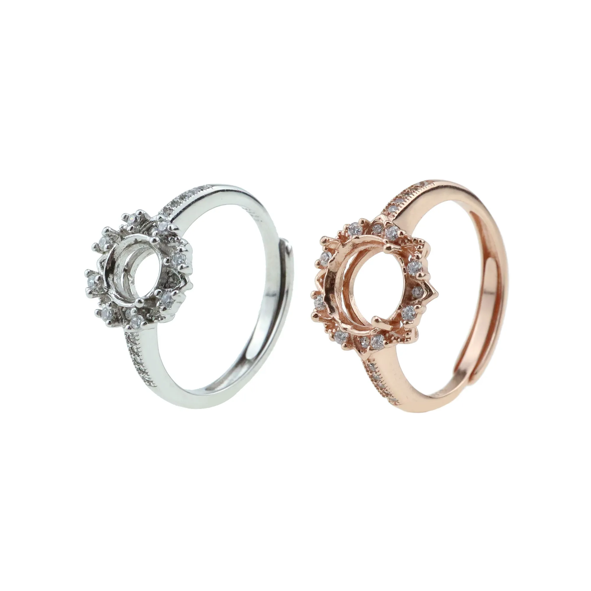 6-8MM Flower Round Prong Bezel Rose Gold Plated Solid 925 Sterling Silver Adjustable Ring Settings Gemstone 1210051 | Украшения и