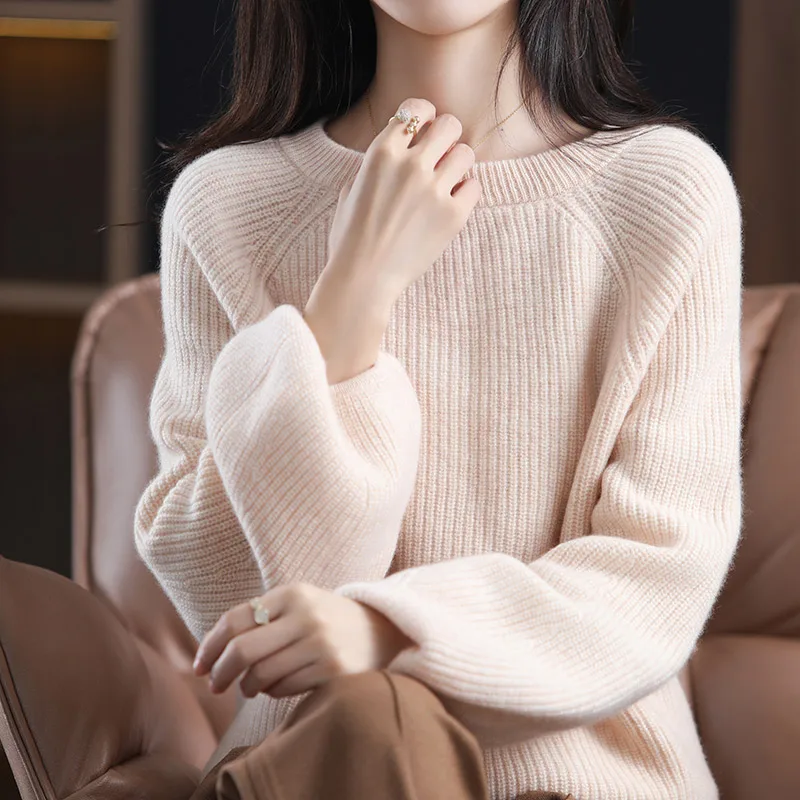 Autumn And Winter New Women's Pullover Round Neck Loose Puff Sleeves Thick Cashmere Knitting Fashion Bottoming Pure Wool Sweater