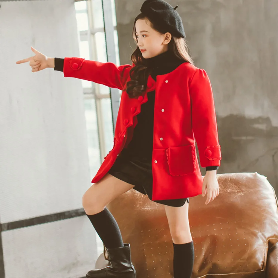 Куртка для девочек однотонная шерстяная верхняя одежда детская кружевная куртка