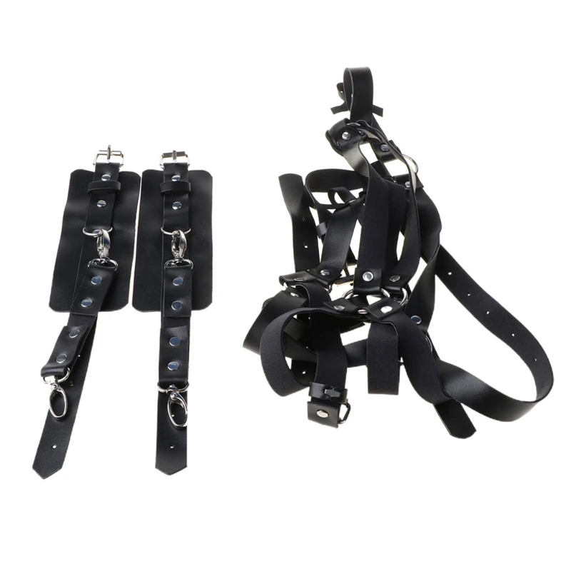 

Womens Sexy Punk Faux Leather Body Harness Garter Belt Adjustable Waist Leg Cincher Strappy Caged Chain with Handcuffs