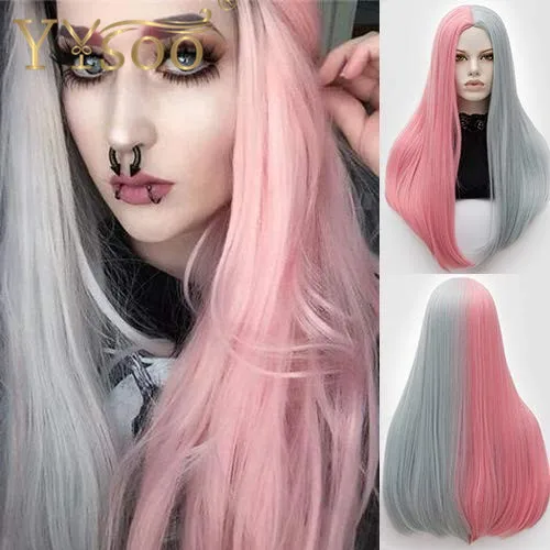 YYsoo Естественно выглядящий синтетический длинный прямой парик половина серый розовый косплей парики с средней частью теплостойкие волосы для женщин.