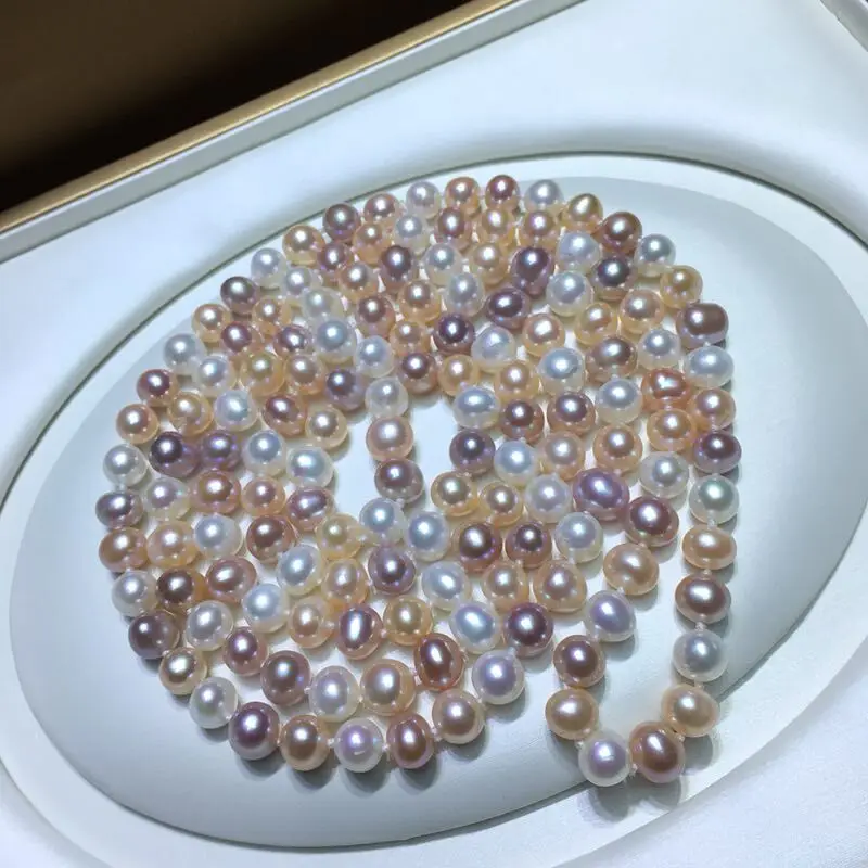 

Новое модное простое длинное ожерелье с натуральным пресноводным жемчугом 7-8 мм белого, розового, фиолетового цветов 160 см