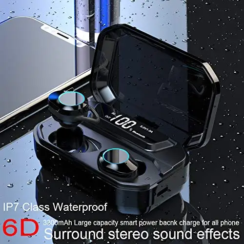 G02 TWS 5.0 Bluetooth 9D Stereo Earphone Wireless Earphones IPX7 Waterproof Earphones 3300mAh LED Smart Power Bank Case Black