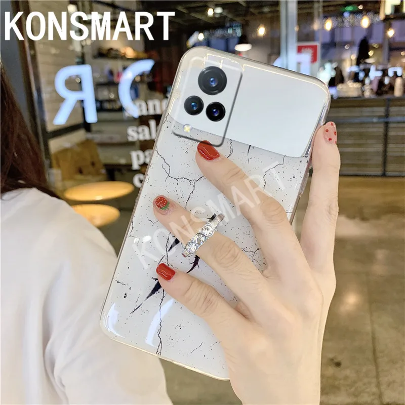 

KONSMART For VIVO V21 Case V21 5G 2021 Luxury Glitter Marble Silicone Soft Phone Cases For Vivo V21e With Finger Ring