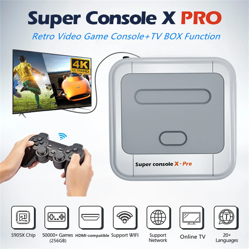 Супер консоль X Pro S905X Wi-Fi 4K HDMI-совместимый 50 + Эмулятор 50000 игр Ретро Мини ТВ