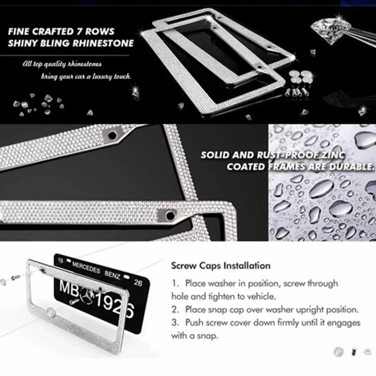 

License Plate Frame with Bling Crystal Decoration Stainless Steel Handcrafted Rhinestone Plate Edge Protect Car Accessories