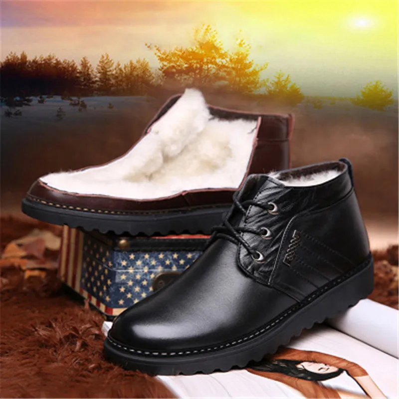 

2019 winter men's leather boots thick wool warm shoes wool warm non-slip Male lace Snow Boots hombre Chaussure footwear 38-44