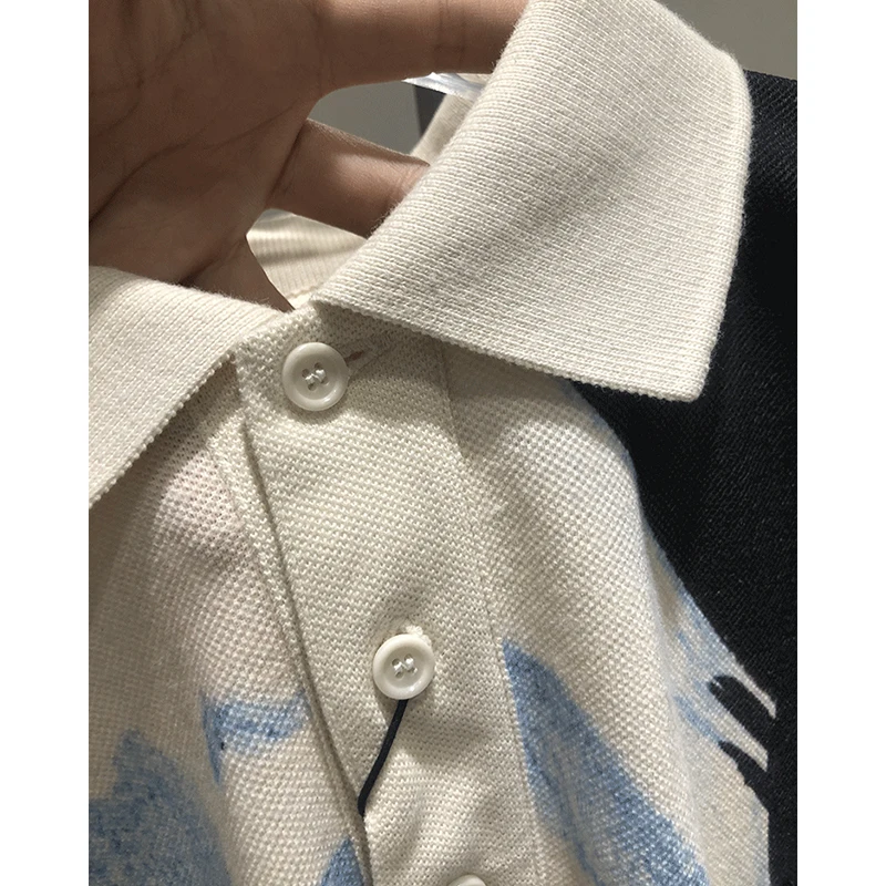 

[DEAT] Women Color Printing Single Breasted Abstract T-shirt New Polo Collar Half Sleeve Loose Fashion Tide Summer 2021 7E0937