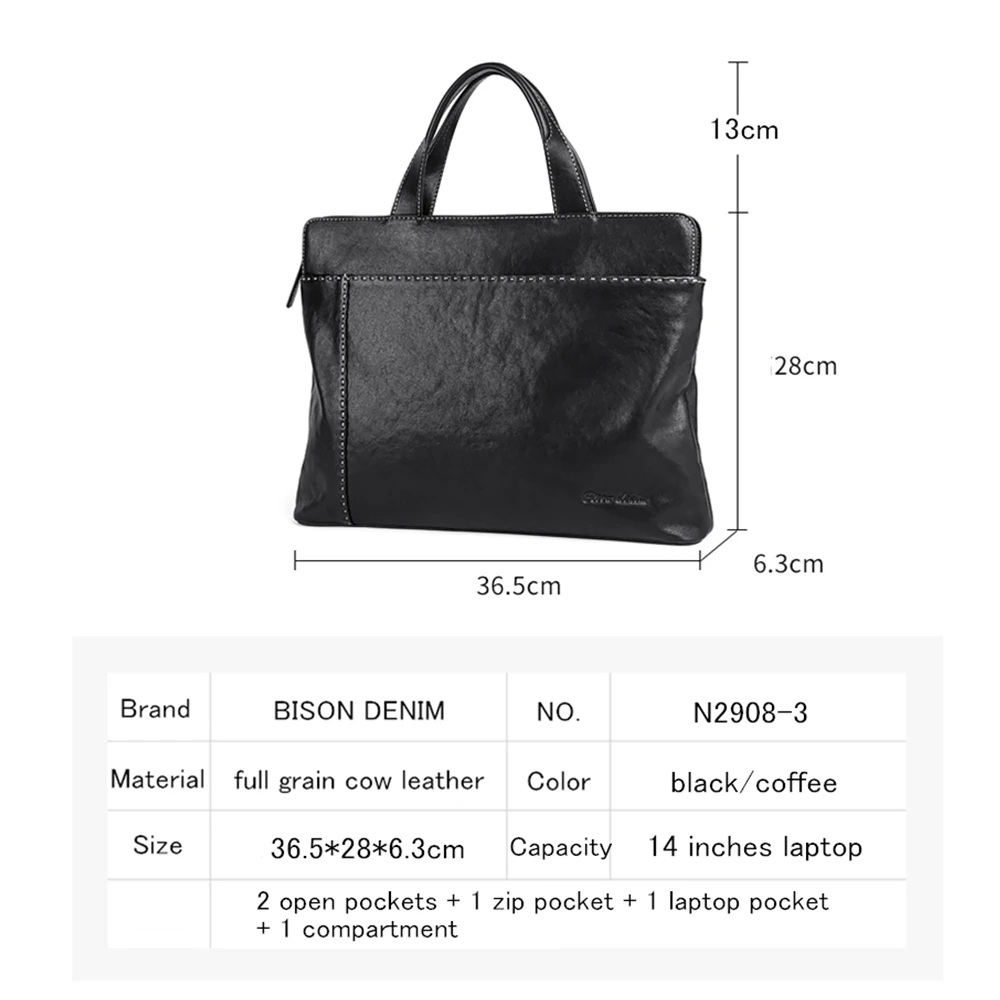 Bison Denim Luxury Briefcase Genuine leather Men Bag 14 inch laptop Bag Handbag High Quality Men's Business Top Handle Bag