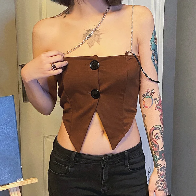 

Sexy Backless Crop Tops Irregular One Shoulder Chain Sleeveless Cami Top Split Harajuku Casual Camisole Women Clothing 2021 New