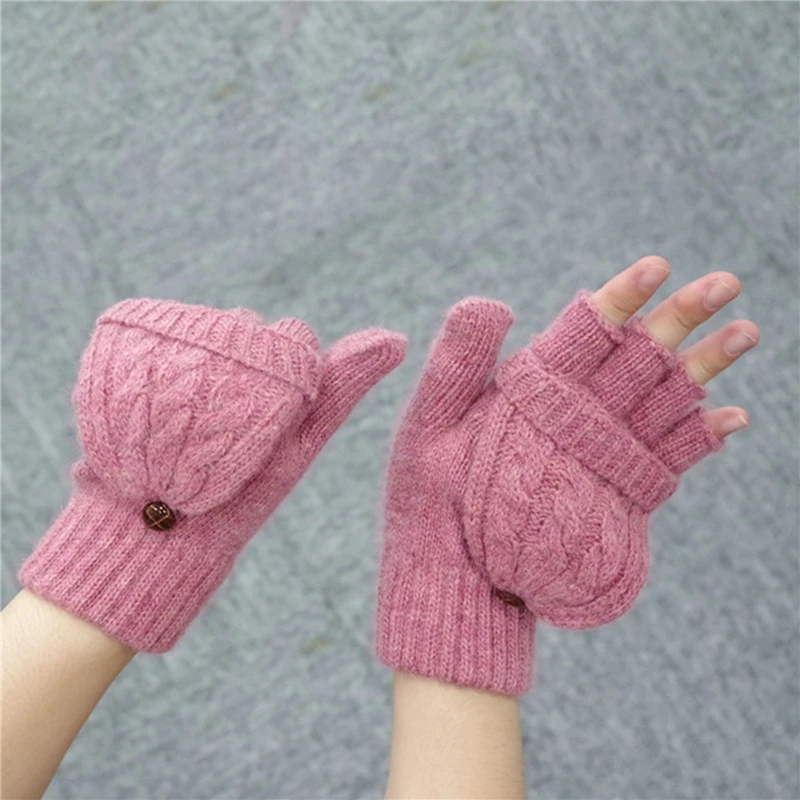 

1 Pair Women Flip Gloves Hand Warmer Soft Warm Half Finger Mittens Knitted Thicken Thermal Autumn Winter Gloves