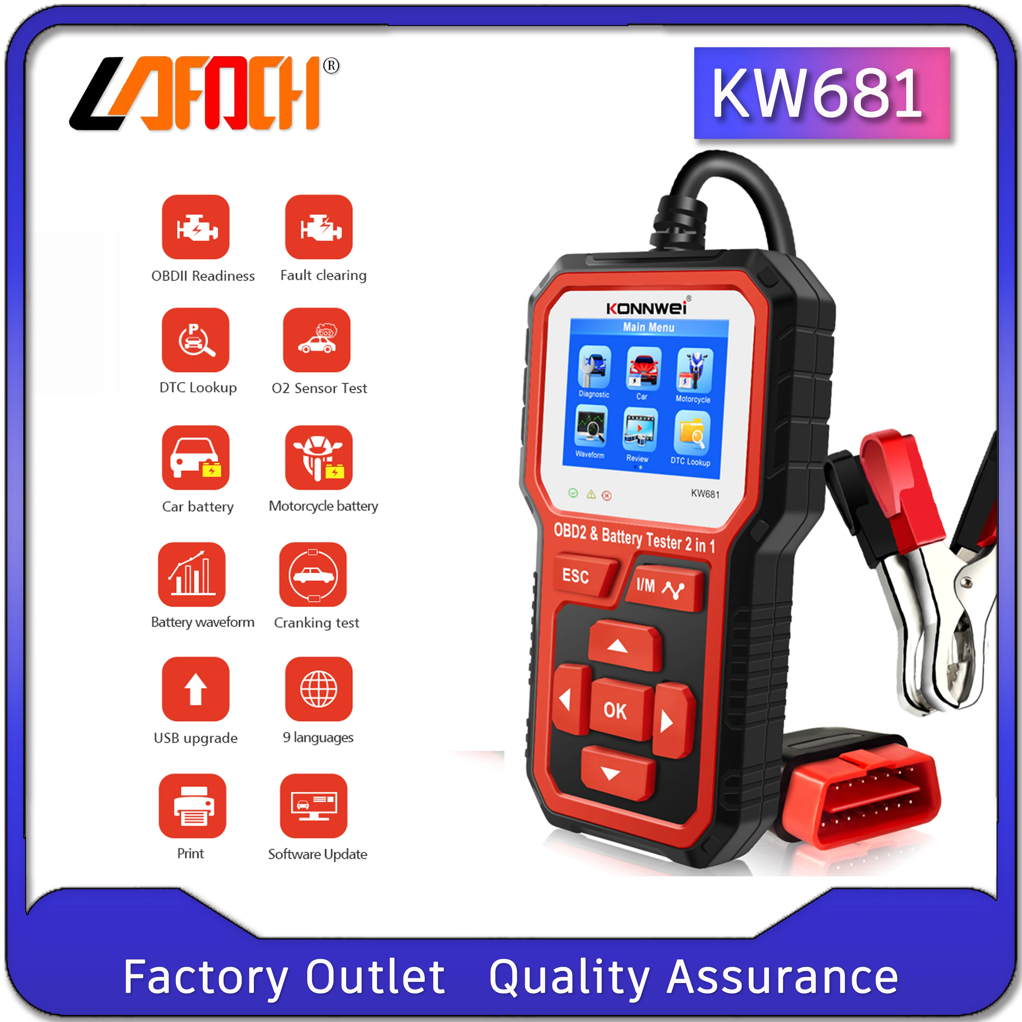 

LAFOCH KW681 6V 12V Car Motorcycle Battery Tester Auto Diagnostic Tool 2 in1 2000 CCA Car Multi-languages Car ToolsScanner