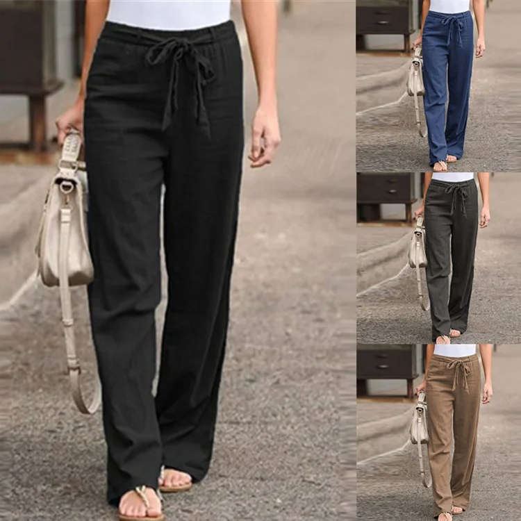 

Ladies summer elastic waist solid color cotton and linen wide-leg pants loose trousers