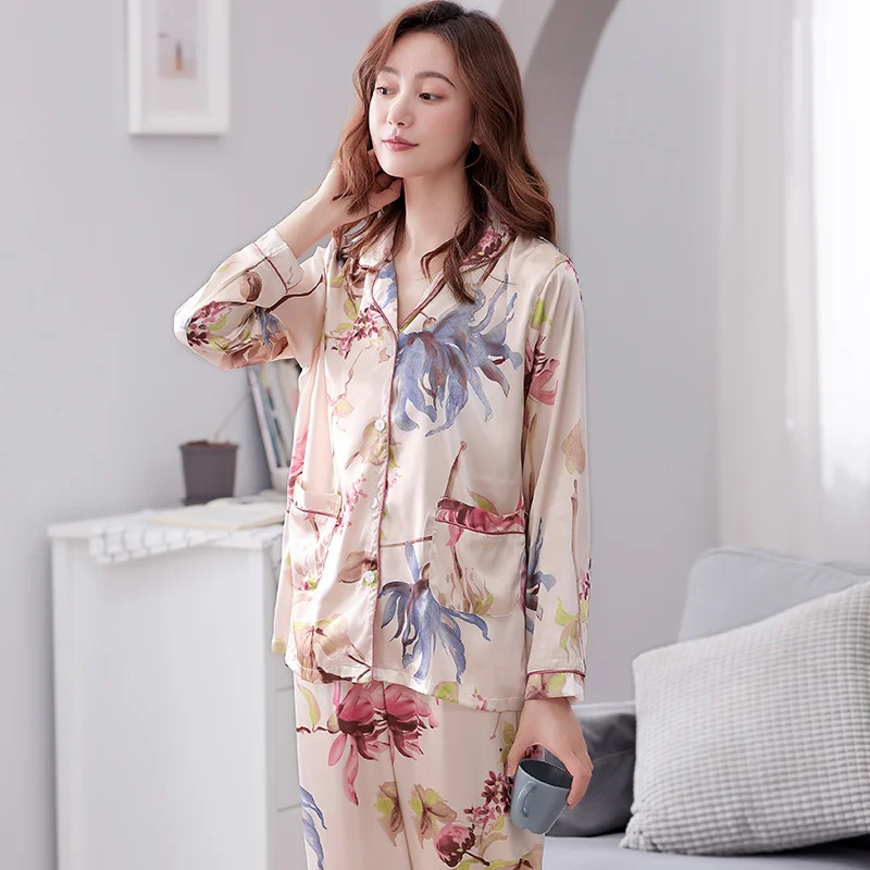 

Silk Pajamas For Women Homewear Long Sleeve Turn-down Collar Elegant Pyjamas Womens Spring Nightwear Plus Size 3XL Pijamas Mujer