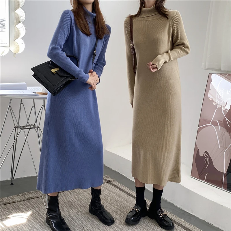 

Elegant Turtleneck Knitted Dress Women Autumn slim Female Sweater Dress Winter Knitted Pullovers Dress Vestidos