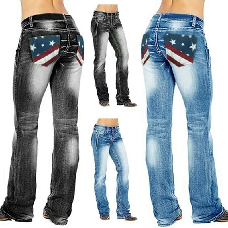 

American Flag Stretch Washed Bootcut Women Jeans Slim Straight Pants Casual High Waist Denim Trousers for Women TT@88