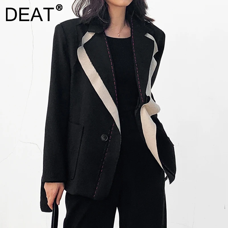 

DEAT Fashion Blazer Spliced Patchwork Fake Two Pieces Loose Top Notched Tassles Vintage Office Lady Clothes 1W519