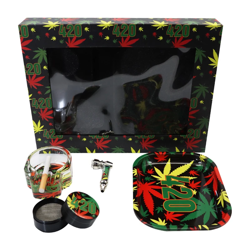 

Smoking Pipe Rolling Tray with Zinc Alloy Herb Tobacco Herbal Glass Ashtray Weed Grinder Smoke Accessories Set Tool Gift for Men