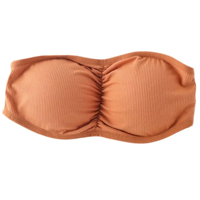 Womens Sexy Strapless Ruched Push Up Bra Padded Hollow Out Backless Wireless Underwear Bandeau Thread Ribbed Adjustable Bralette