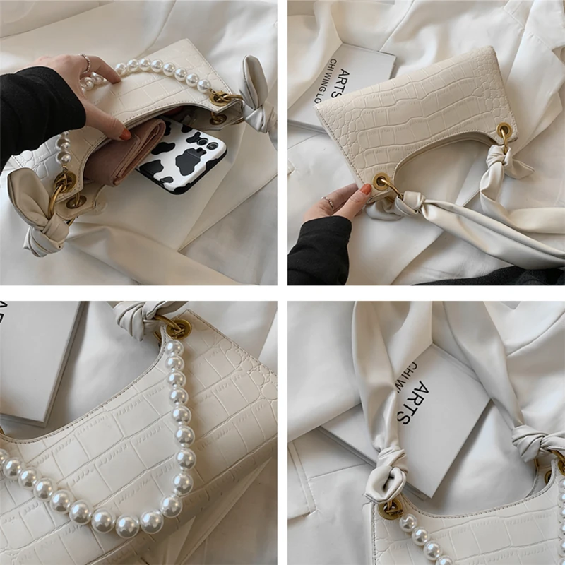 

Trendy Crocodile Pattern Pearl Bagutette Shoulder Bags Soft Knotted Strap PU Leather Crossbody Bags High Quality Purses 2021 NEW