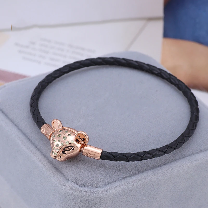 

Amas S925 Sterling Silver Rose Gold Shining Princess Lion Black Leather Rope Bracelet Fit European Charm Bracelets Women Jewelry