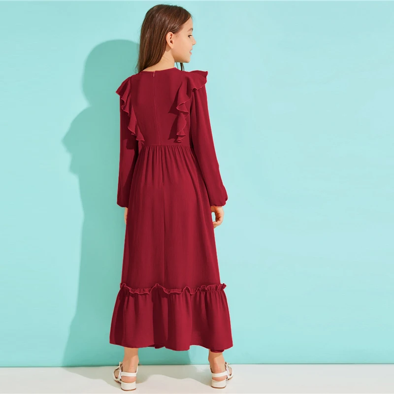 SHEIN Kiddie/однотонное платье с оборками на подоле для девочек с поясом; коллекция года; сезон осень; милые детские макси платья с высокой талией на молнии сзади