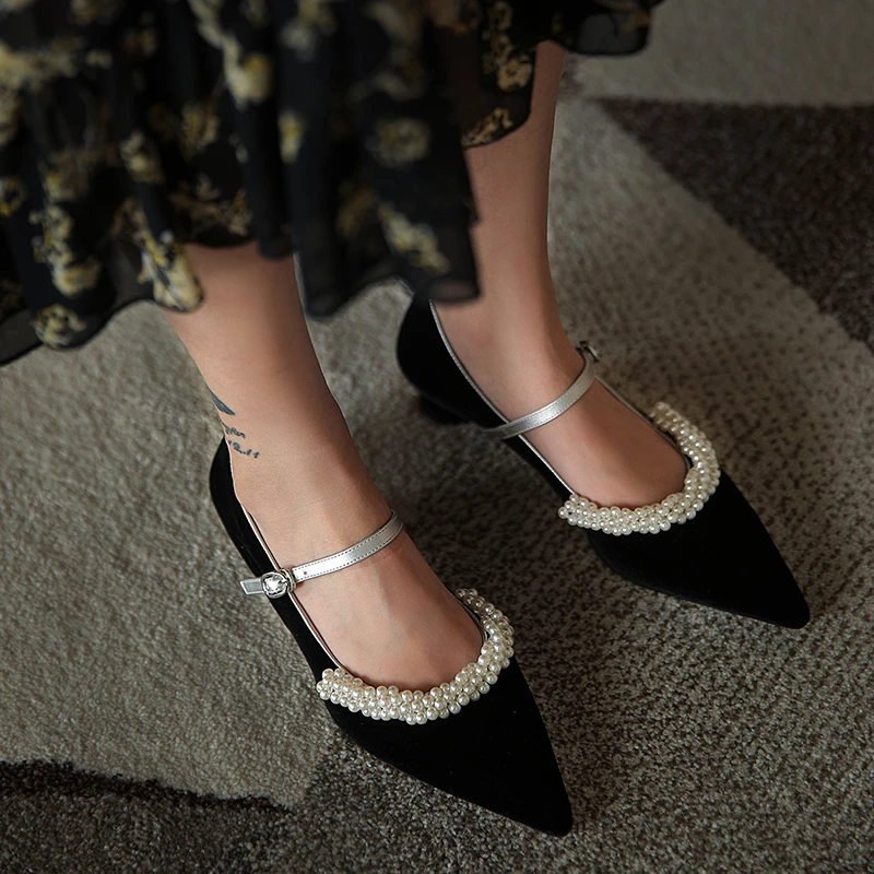 

VERCONAS Elegant Pointed Toe Women Pumps Low Heels Mary Janes Shoes Woman Spring Pearl String Bead Shallow Wedding Party Pumps