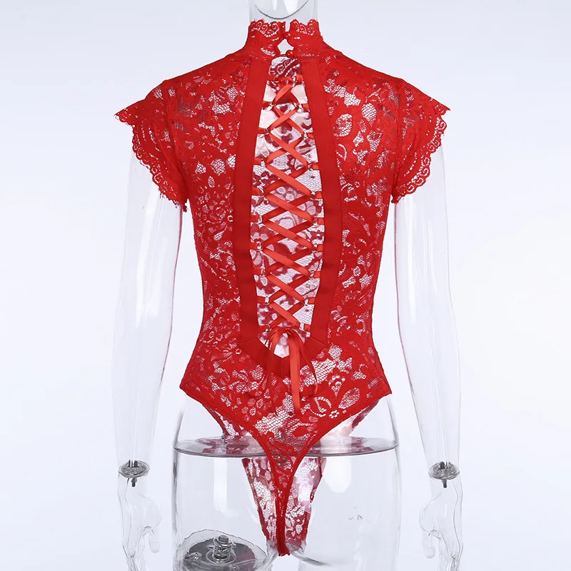 

Women's Sexy Lace See-through Bodysuit Lingerie Turtleneck Backless Tie Rope Hollow Out Jumpsuit Erotic Bodysuits Underwear