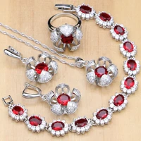 flower silver 925 jewelry red ruby white cz jewelry set for women earringspendantnecklaceringsbracelet dropshipping