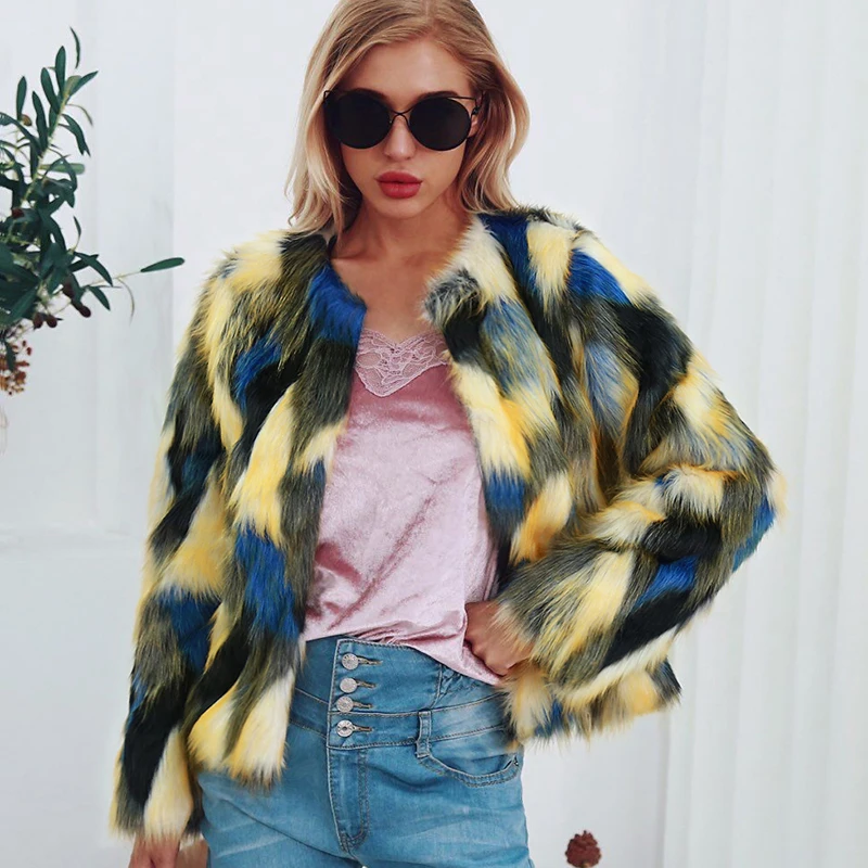 Style 12 Пушистое меховое пальто для женщин, зимняя утепленная куртка с длинным рукавом и круглым вырезом, тонкая верхняя одежда контрастных цветов, парки размера плюс, 3X - Цвет: Style 12