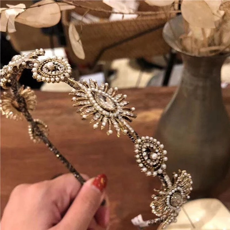 

Western Wedding Hair Accessories Handmade Jewelry Faux Crystal Pearl Crown Baroque Bride Headband Sunflower Rhinestone Hair Hoop