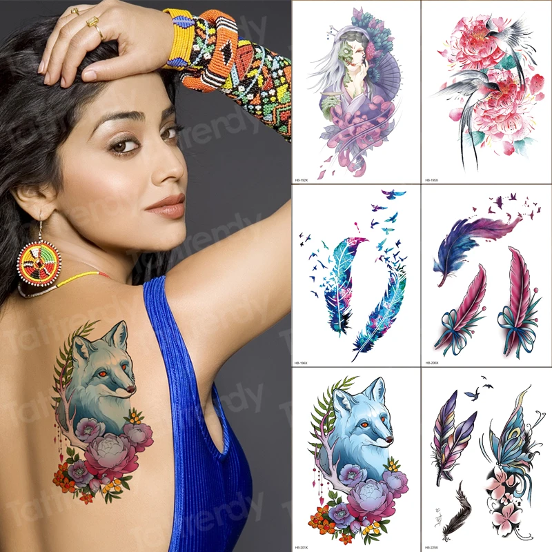 

6PCS vintage temporary tattoos fox wolf flower animals feather birds tattoo pattern watercolor wholesale tatoo for girls women