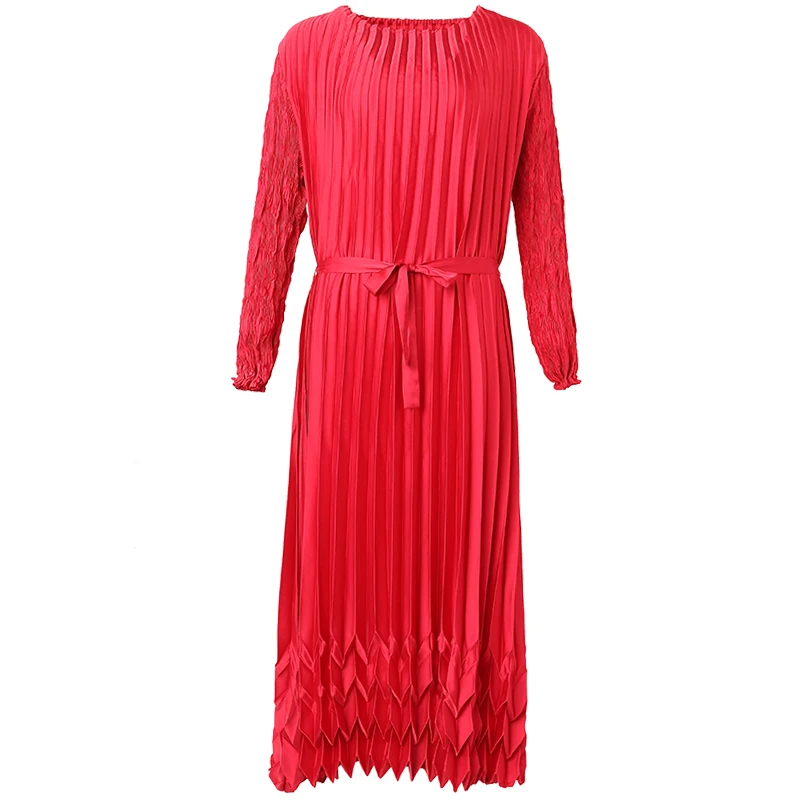 

Red Dress 2021Women Spring New Round neck Long sleeve Solid Colour Stretch Miyake Pleated Dress High Quality