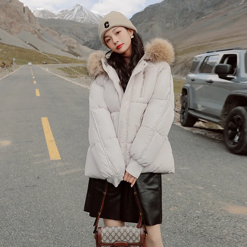 

Solid Winter Thicken Hooded Parka Women Loose Big Fur Collar Outerwear Casual Long Sleeve Cotton Jackets Coat Parkas Female