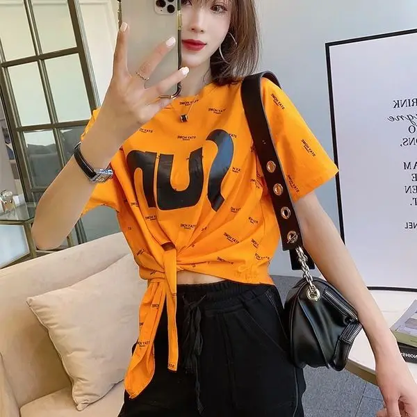 

95 cotton letter printed T-shirt for women 2021 summer new short sleeve Korean fashion loose and versatile slim top