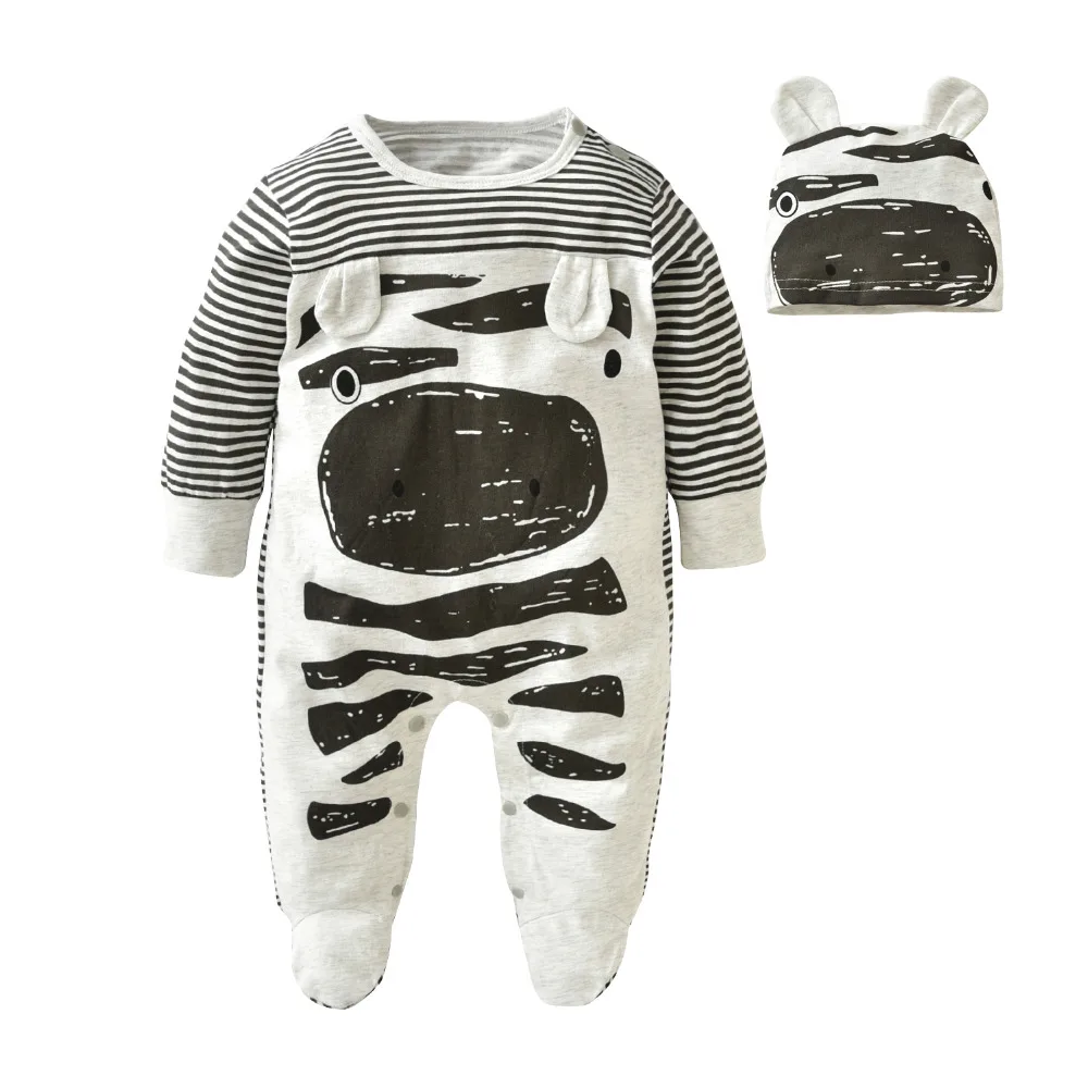 2021 Autumn New Fashion Baby Boy Clothes Set Cows Cute Gray Striped Rompers+Hat 2Pcs Newborn Clothing |