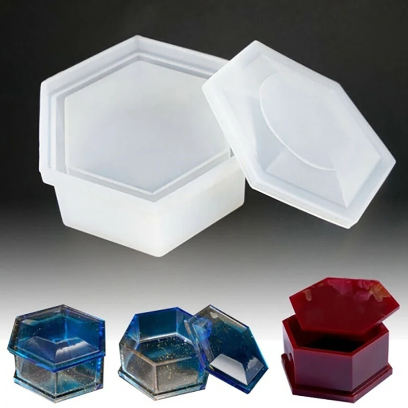 

Silicon DIY Crystal Epoxy Hexagonal Storage Box Clay Mold Jewelry Making Gift Box Hexagon Storage Box Mould With Lid