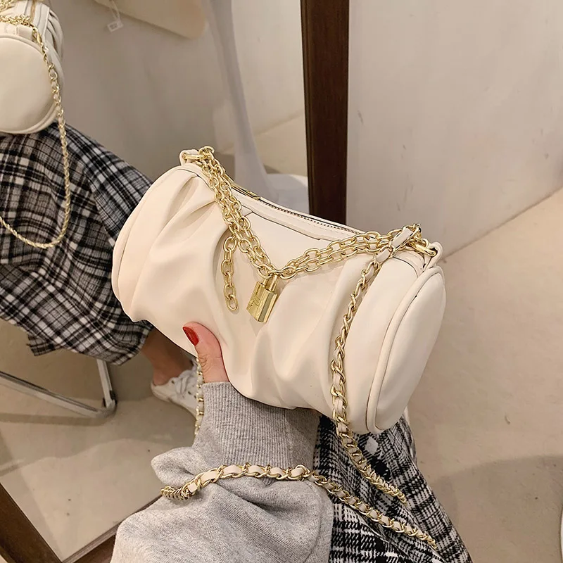 

Vintage Simple Chain PU Leather Shoulder Crossbody Bags for Women 2021 Small Barrel Handbags Female Luxury Trending Purses Bag