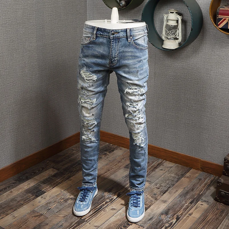 American Street Style Fashion Men Jeans Retro Blue Slim Fit Ripped Jeans Men Destroyed Painted Designer Hip Hop Denim Punk Pants