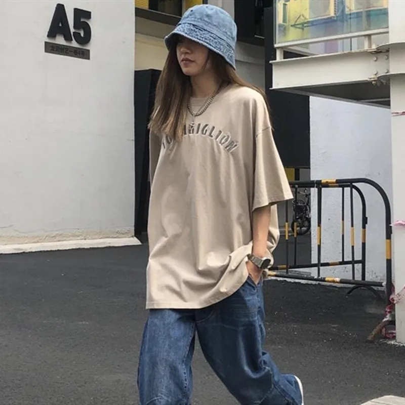 

Retro Apricot Hip Hop Letters Embroidery Woman Tshirts Cotton O-neck Loose Summer Tees 2021Harajuku Teens Streetwear Casual Tops