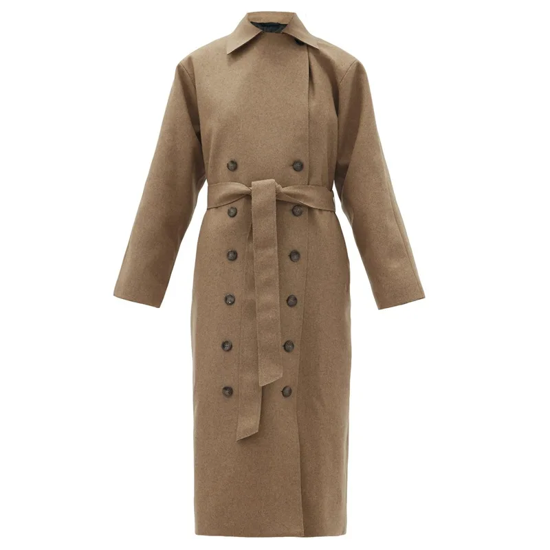 

Women Double Breasted Jacket Loose Sashes Lace-up Simple Long Sleeve Autumn Winter Mid-length Coats