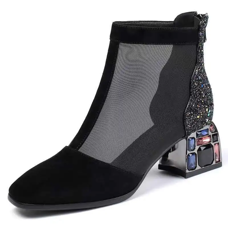 Летние сетчатые ботинки женская обувь на среднем каблуке блестящая ткань с