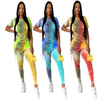 2020 summer women suit hot style model tie dye print stacked draped ruched t shirt trousers two piece set