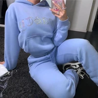 autumn activewear tracksuit fitness women casual diamond long sleeve hoodies tops joggers sweatpants outfit street two piece set