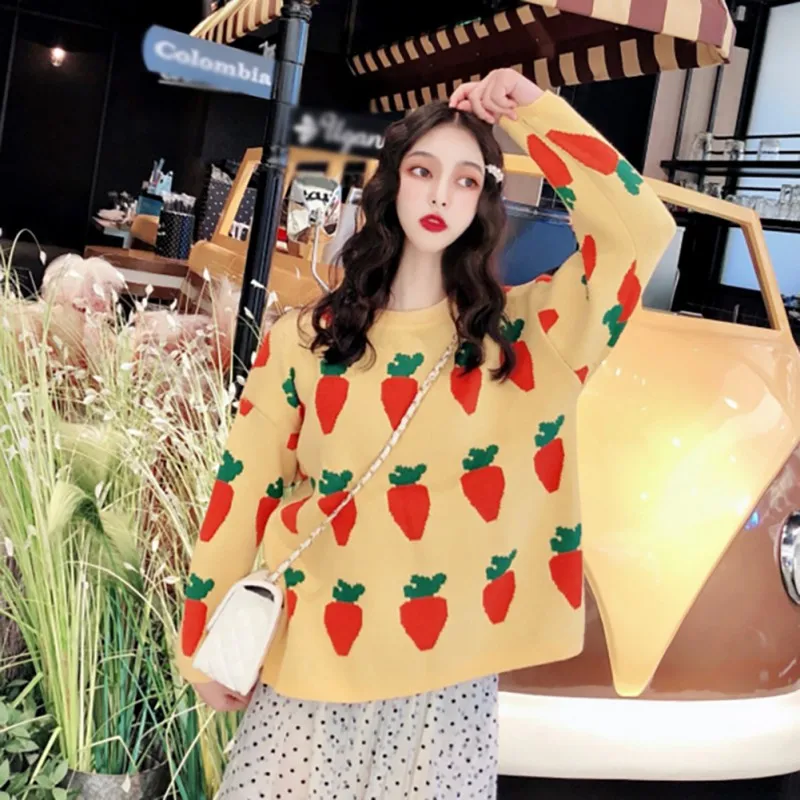 Женский свитер с принтом моркови повседневный свободный в Корейском стиле