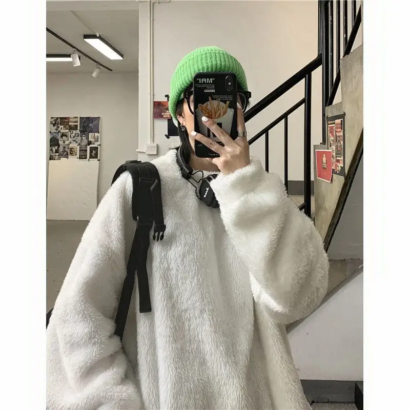 

Plush Sweatshirt Men Women Hong-Kong Style Solid Color Winter Polar Fleece Thick Tops for Couples Korean Loose O-neck Pullovers