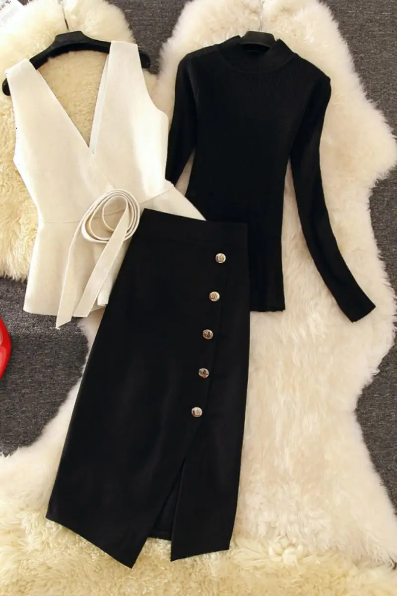 Женские Осенние костюмы из 3 предметов тонкий пуловер вязаная одежда + шерстяной