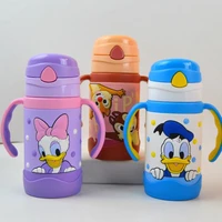disney baby straw donald duck bottle water cup boys girls outdoor sports learning drink water handle cute babies cup