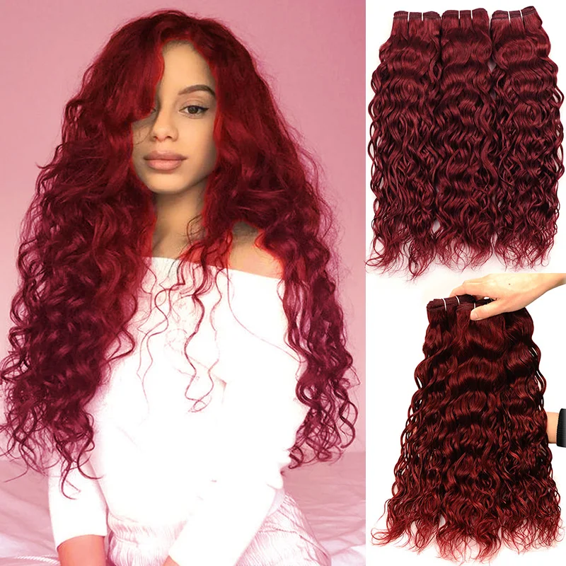 99J яркого красного цвета волнистые пряди с закрытием Волосы Remy Цветной бордовый