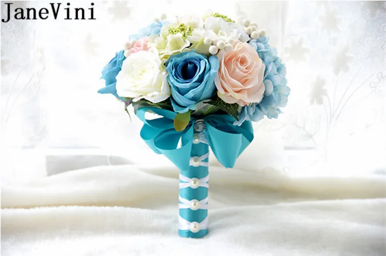 JaneVini Korea Bridesmaid Flower Blue Champagne Purple Rose Ivory Bride Bouquet Artificial Wedding Flowers Bridal Mariee | Свадьбы и